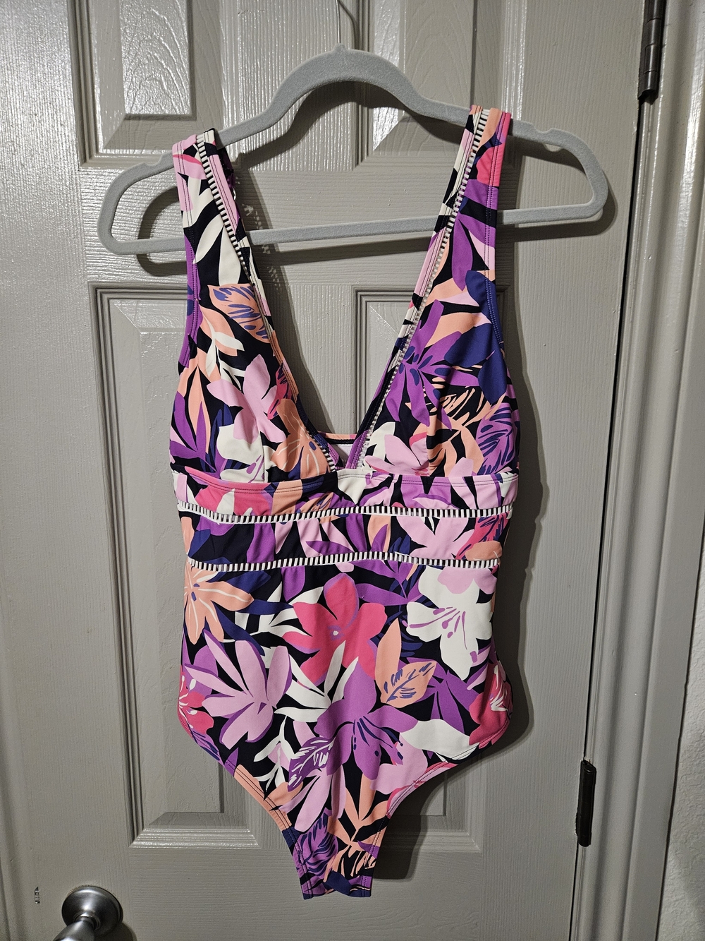 Floral V-Neck One-Piece Swimsuit in Pink & Purple